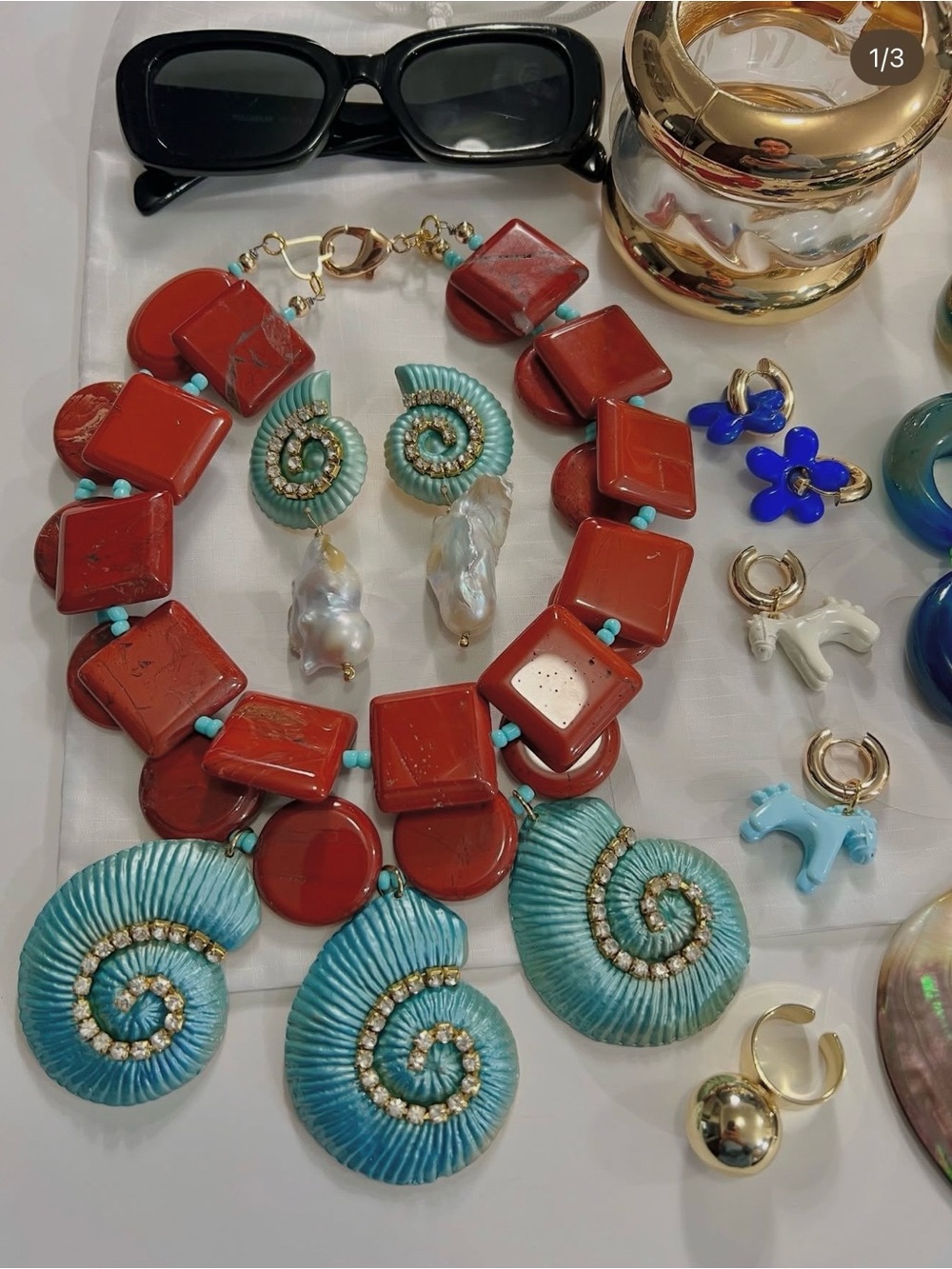 Natural Stones Bold Red and Turquoise Statement Necklace with Matching Earrings